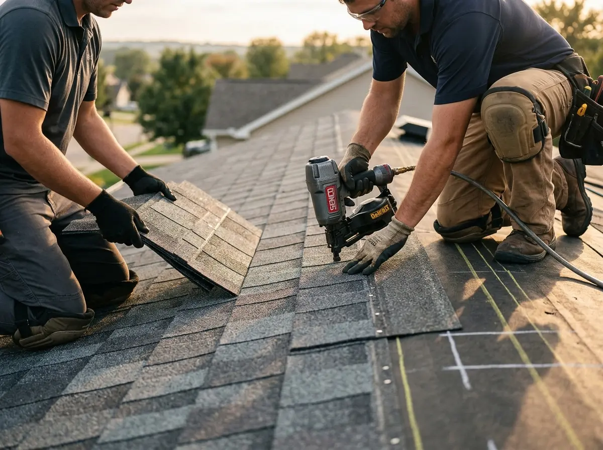 Professional roofer working on a residential roof in Baytown